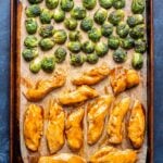 Teriyaki Chicken and Brussels Sprouts on a sheet pan.