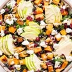 Sweet Potato and Kale Salad topped with tahini maple dressing, apples, goat cheese, and dried cranberries.