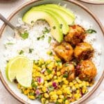 Honey Chipotle Meatball Bowl with a fork in it.