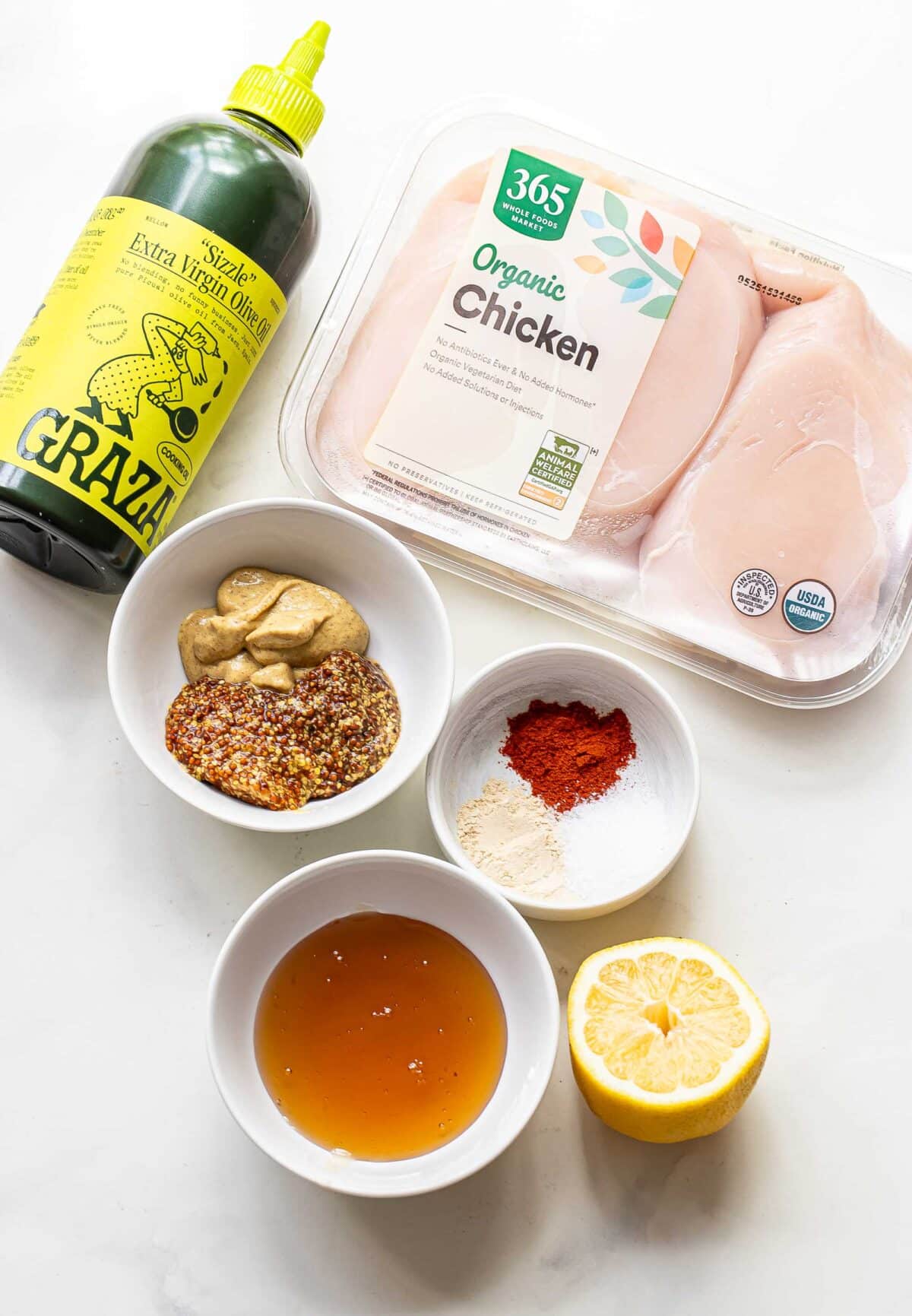 Ingredients used to make grilled honey mustard chicken.