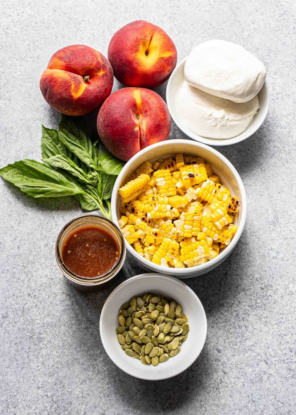Ingredients used to make peach burrata salad.