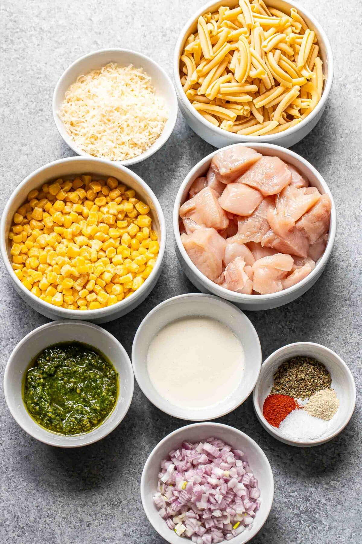 Ingredients used to make creamy chicken and corn pasta.