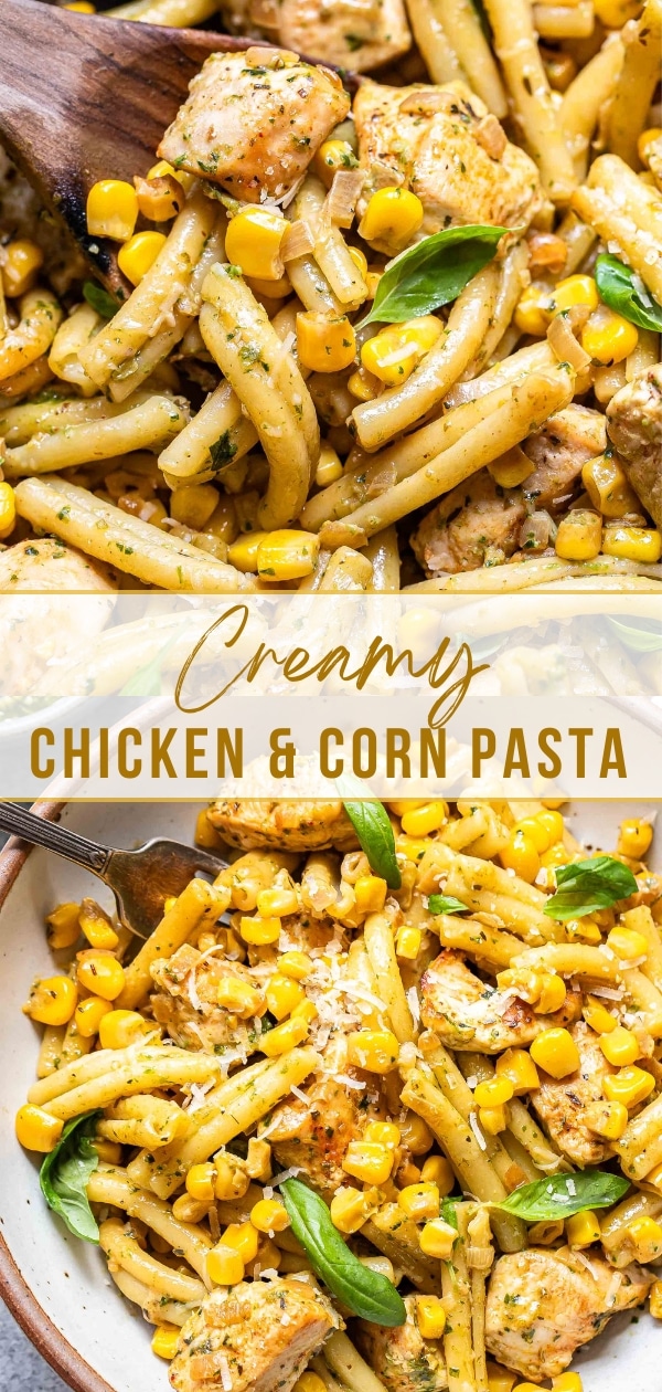 Creamy chicken and corn Pinterest collage.