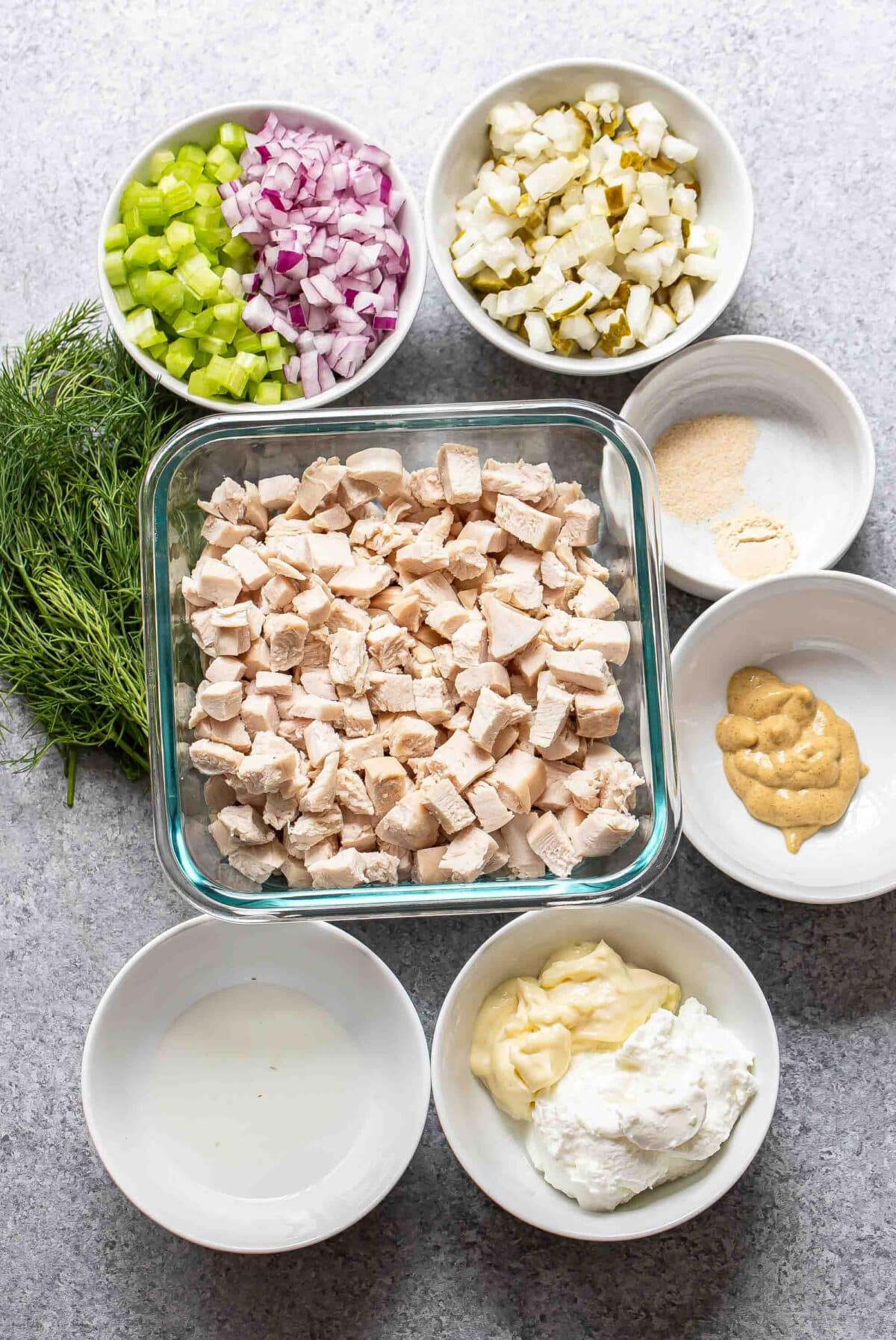 Ingredients used to make dill pickle chicken salad.