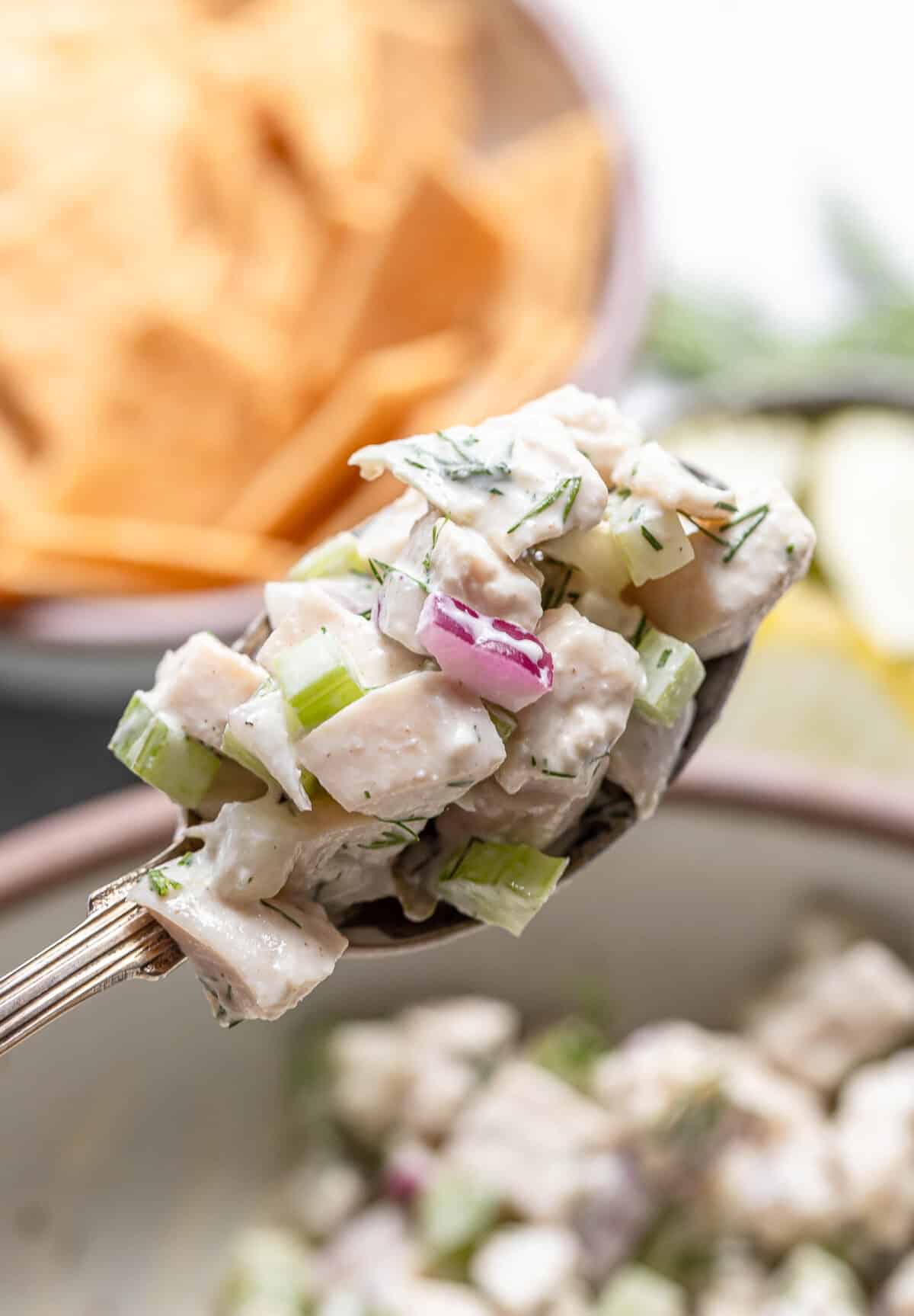 A spoonful of dill pickle chicken salad.