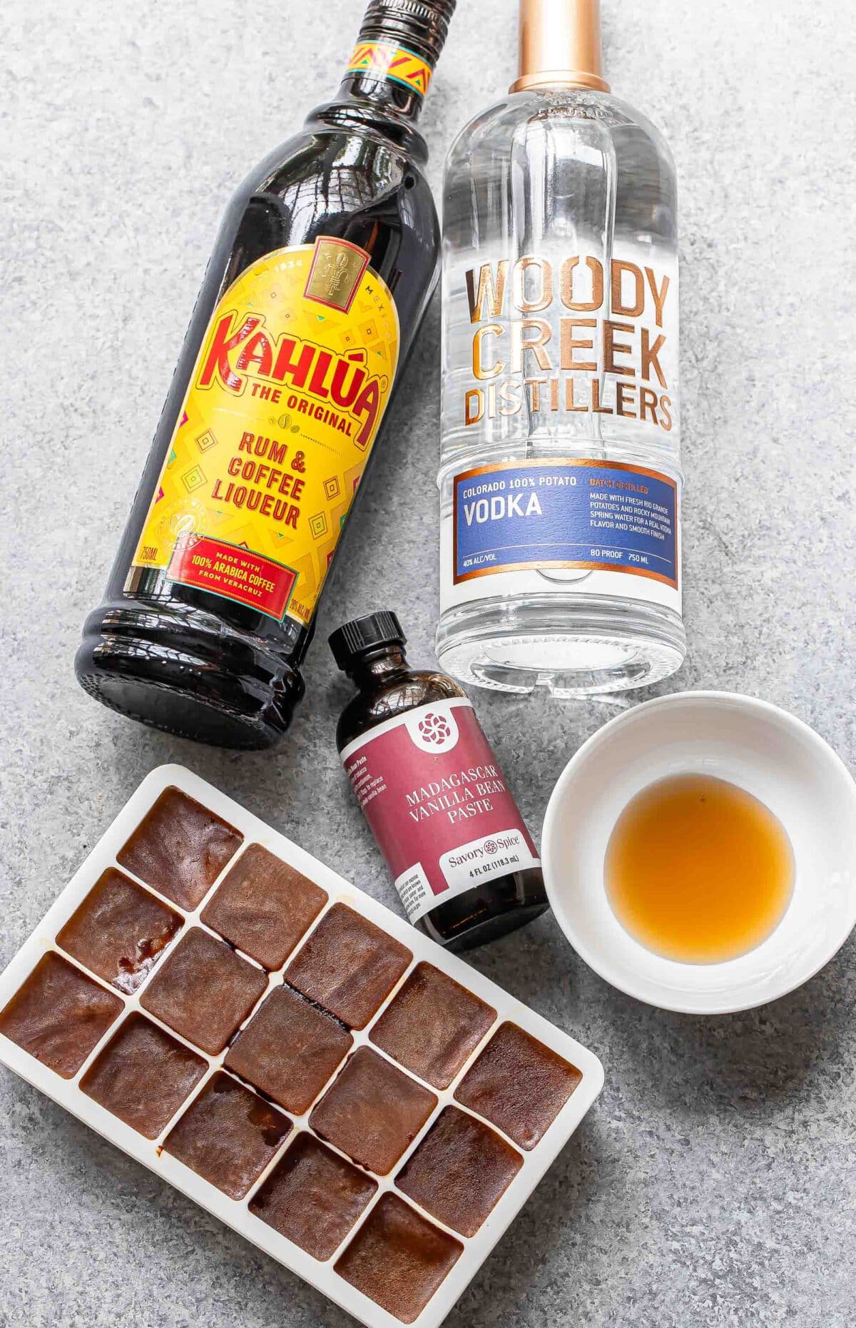 Ingredients used to make a frozen espresso martini.