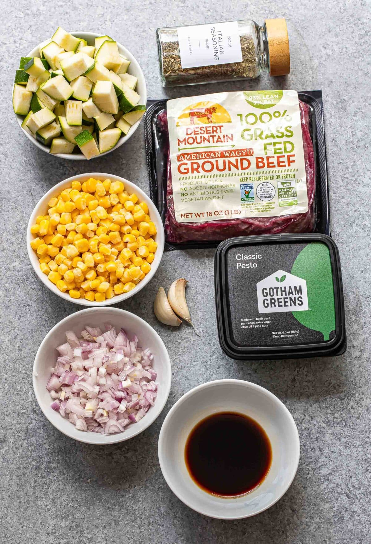 Ingredients for ground beef zucchini skillet.