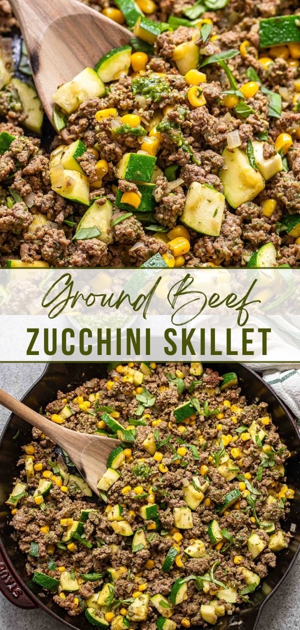 Pesto ground beef zucchini skillet Pinterest collage.