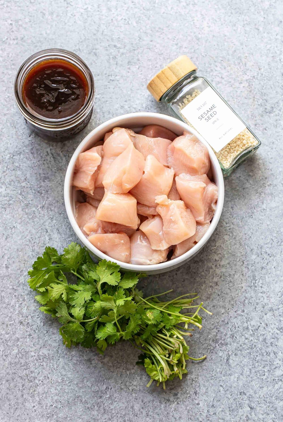 Ingredients used to make teriyaki chicken skewers.