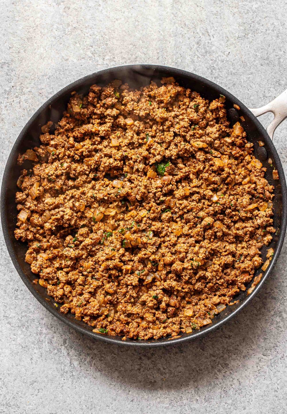 Ground beef taco meat in a skillet.