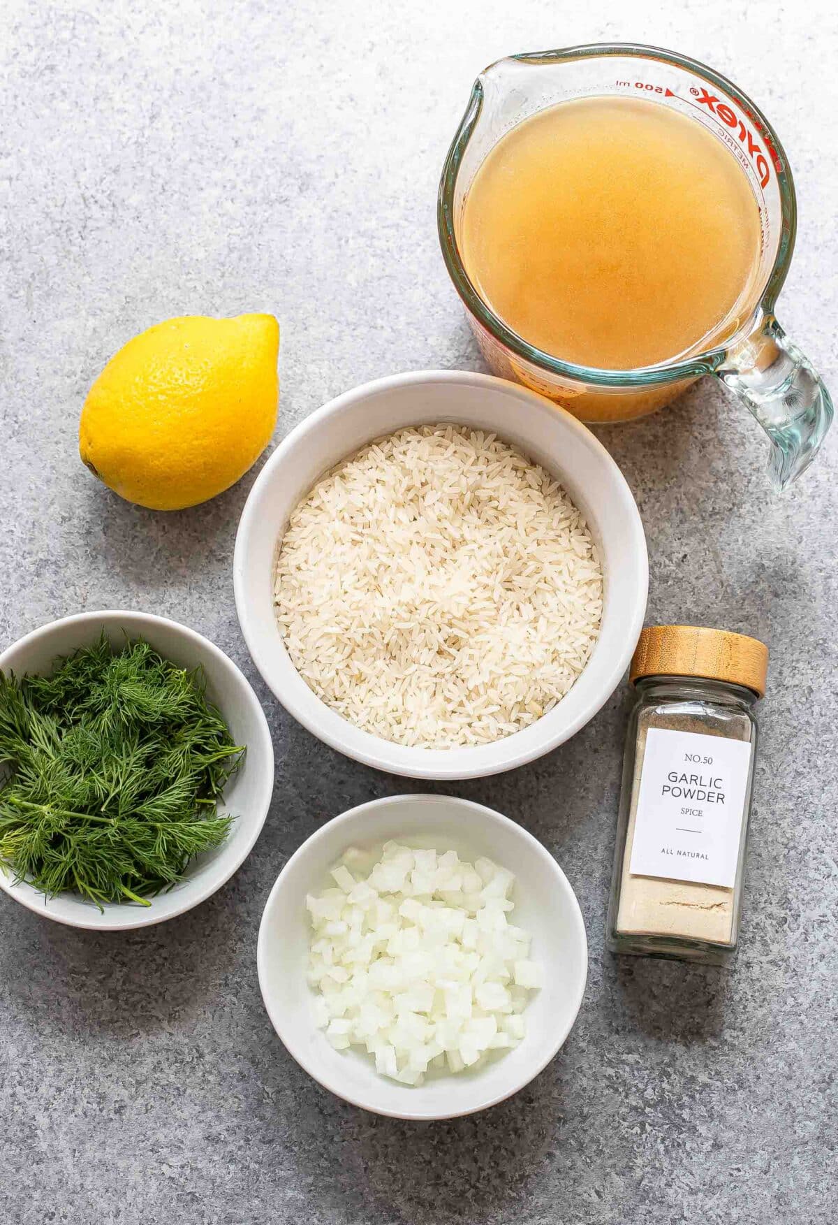 Ingredients used to make lemon dill rice.