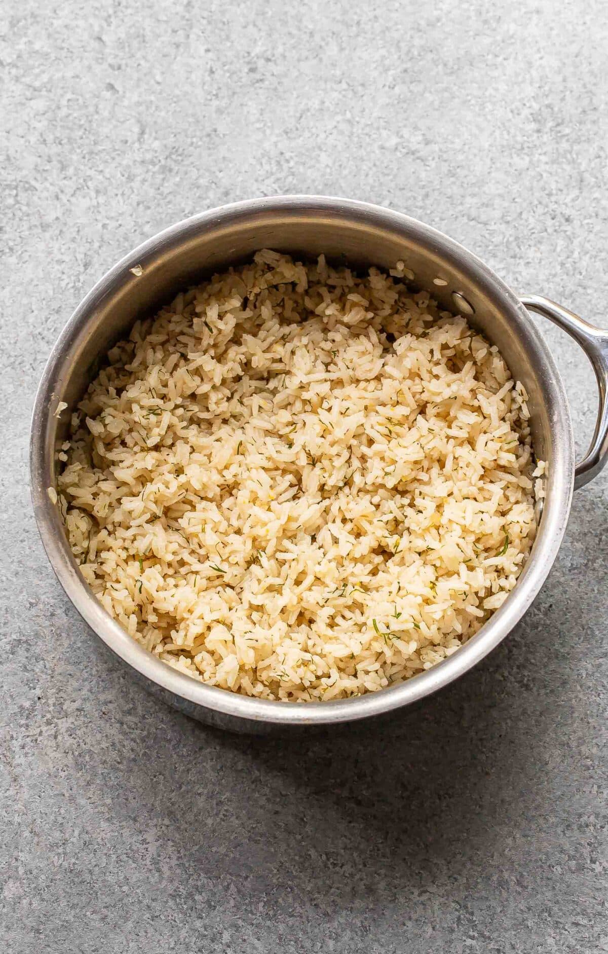 Lemon dill rice in a saucepan.