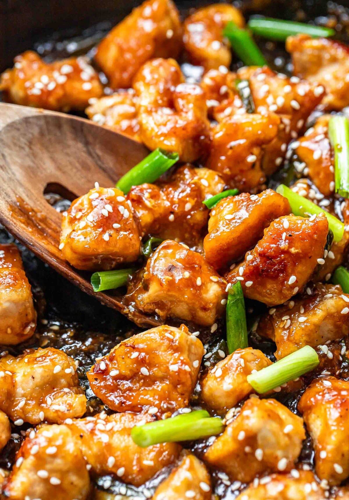 Mongolian chicken topped with scallions and sesame seeds.