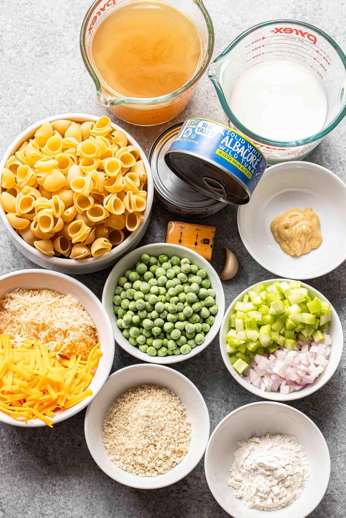 Ingredients used to make tuna noodle casserole.