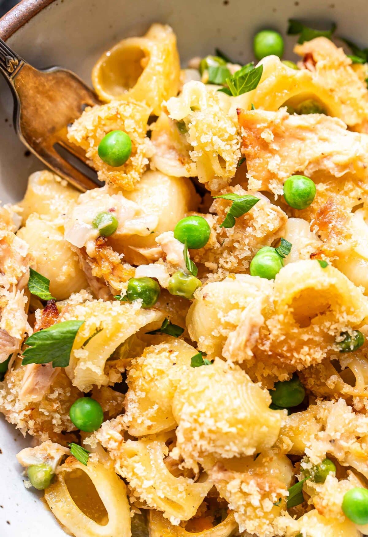 Tuna casserole in a white bowl.