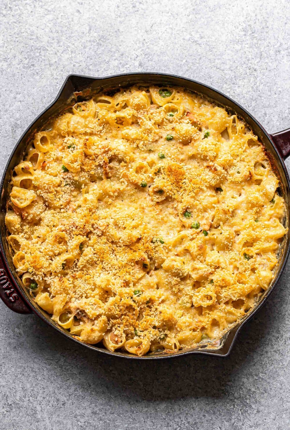 Tuna noodle casserole in a skillet.
