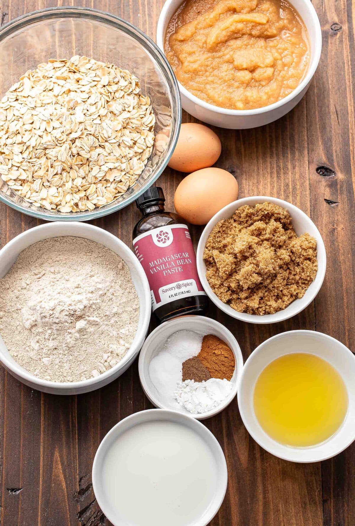 Ingredients used to make applesauce muffins.