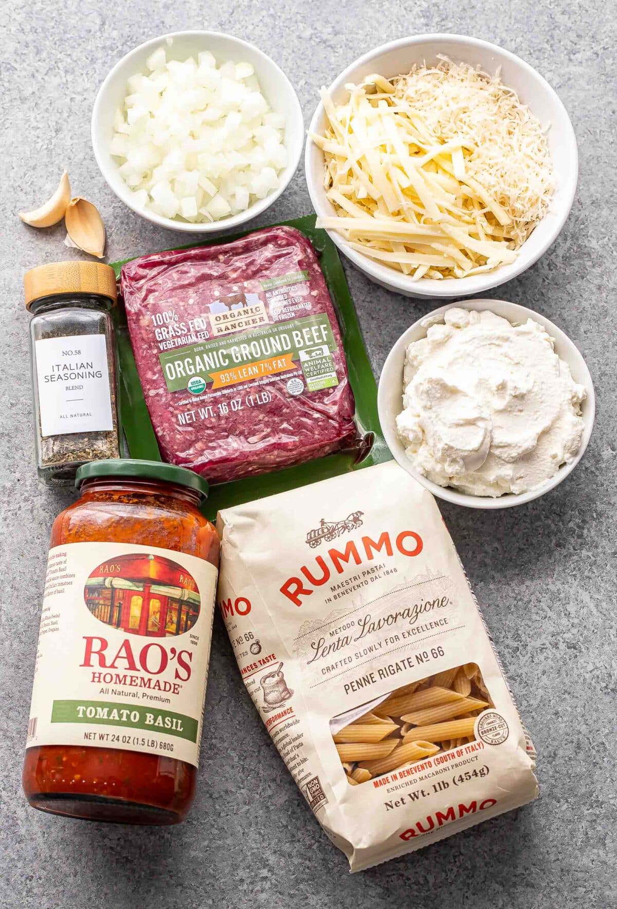 Ingredients used to make baked penne.