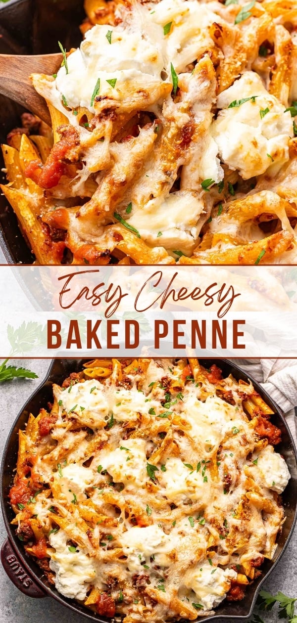 Baked penne pinterest collage.