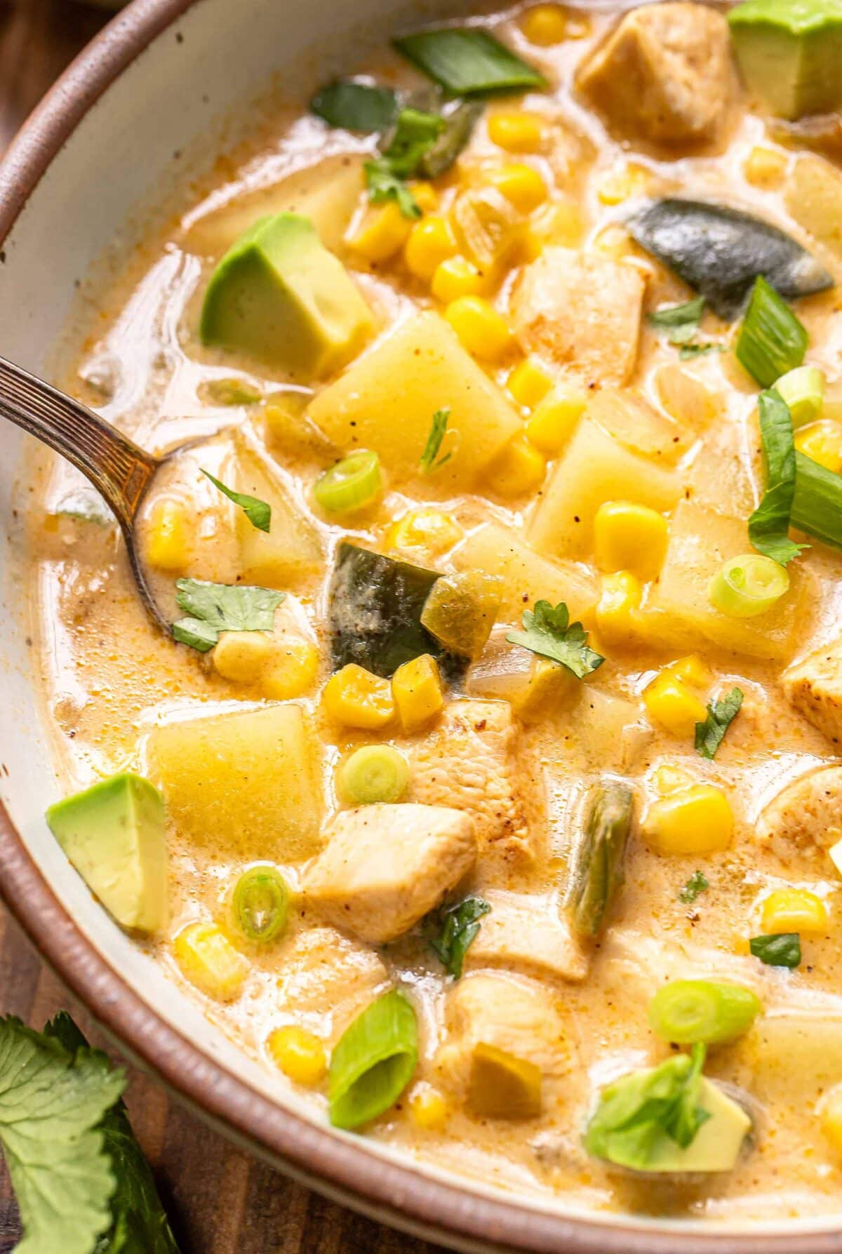 Chicken corn chowder in a bowl with a spoon.