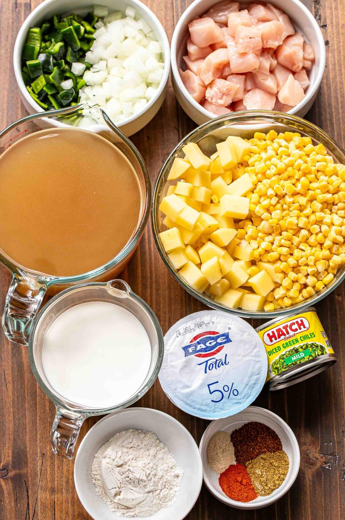 Ingredients used to make chicken corn chowder.