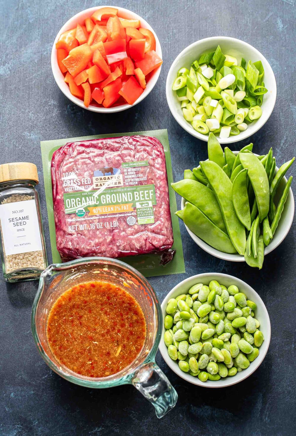 Ingredients used to make ground beef stir fry.