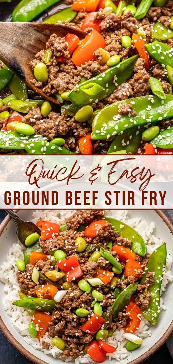 Ground beef stir fry Pinterest collage.