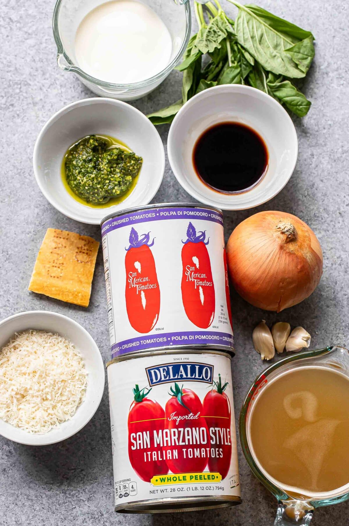 Ingredients used to make tomato basil soup.
