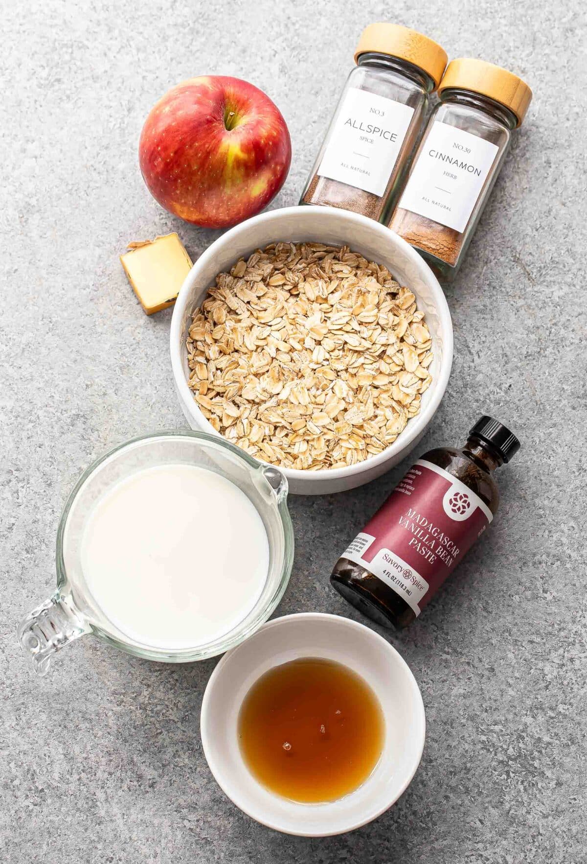 Ingredients used to make apple cinnamon oatmeal.
