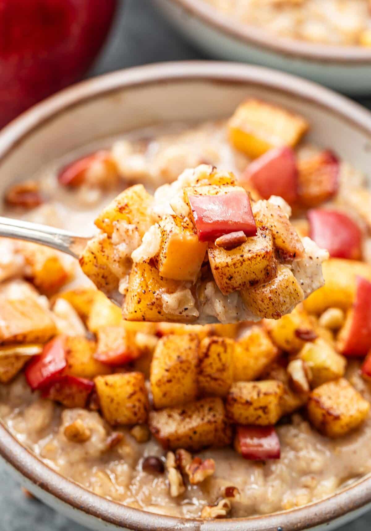 A spoon holding a scoop of apple cinnamon oatmeal.