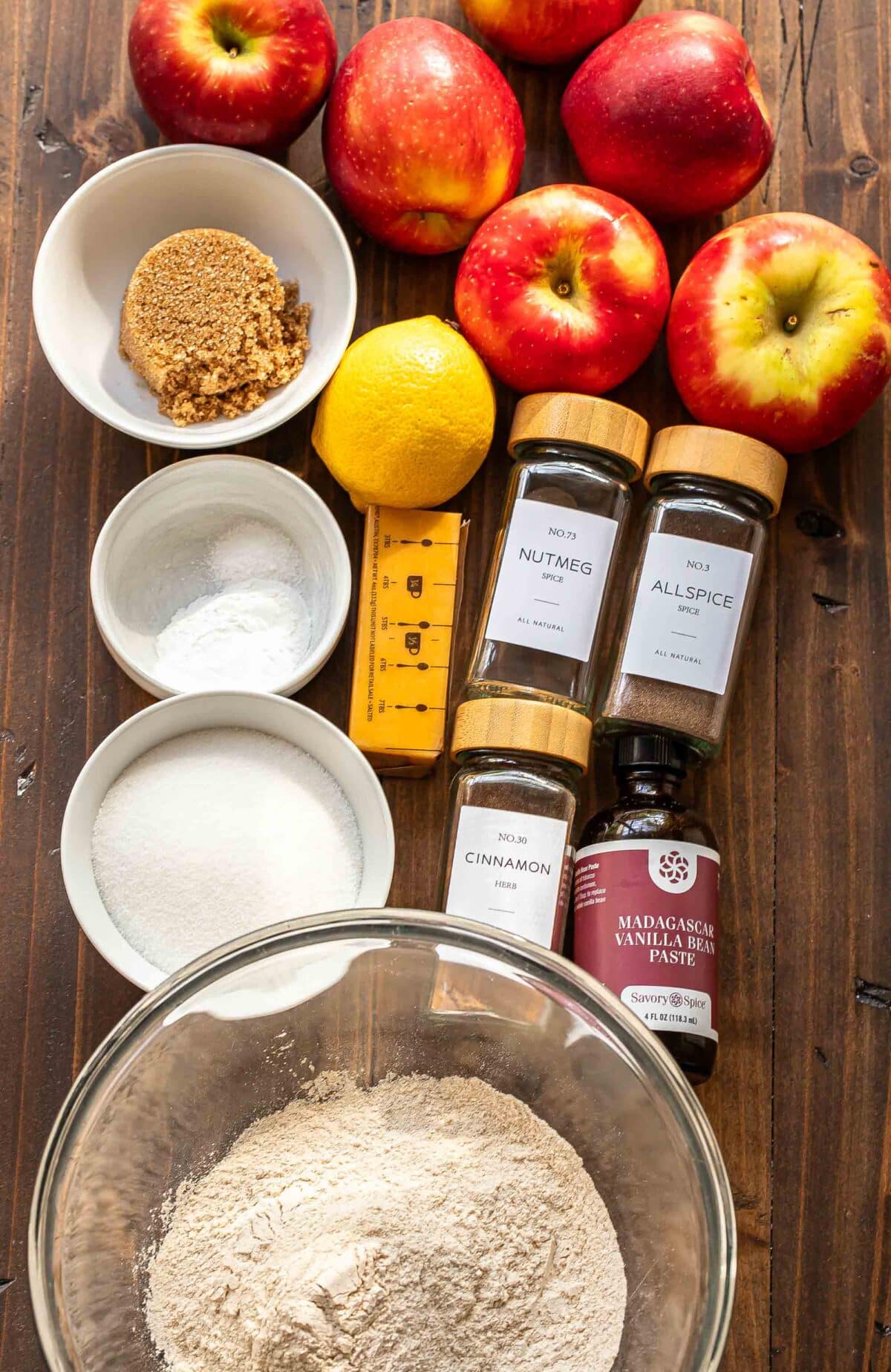 Ingredients used to make apple cobbler.