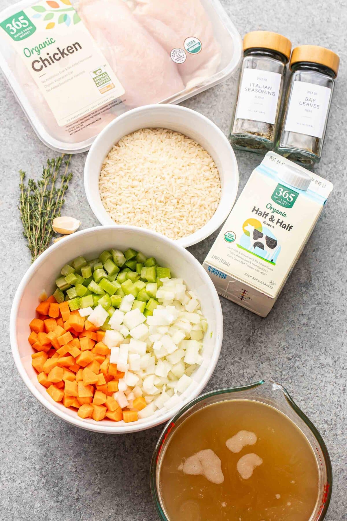 Ingredients used to make creamy chicken and rice soup.