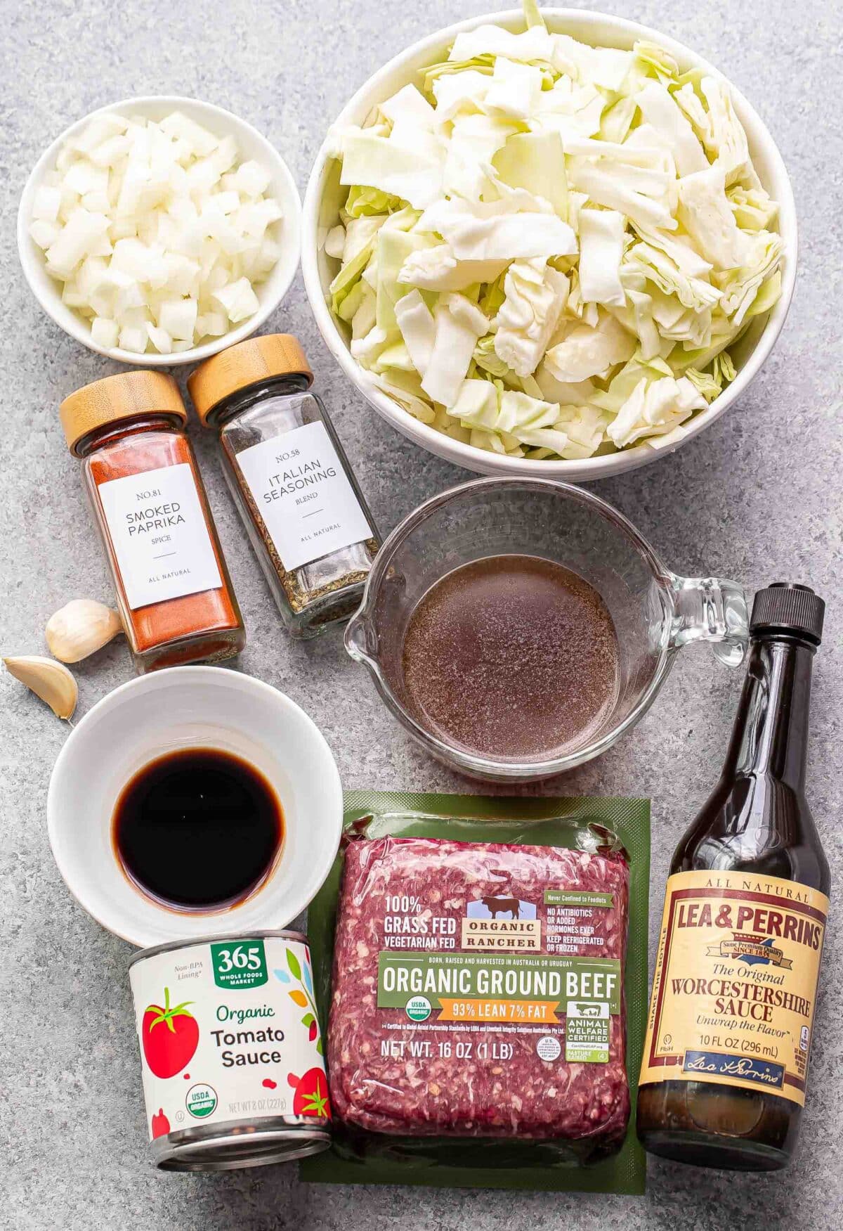 ingredients used to make ground beef and cabbage.