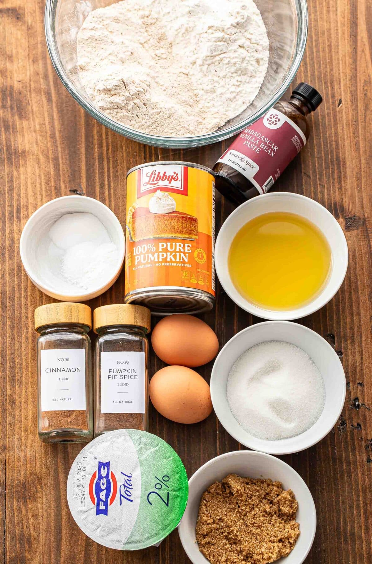 Ingredients used to make pumpkin muffins.