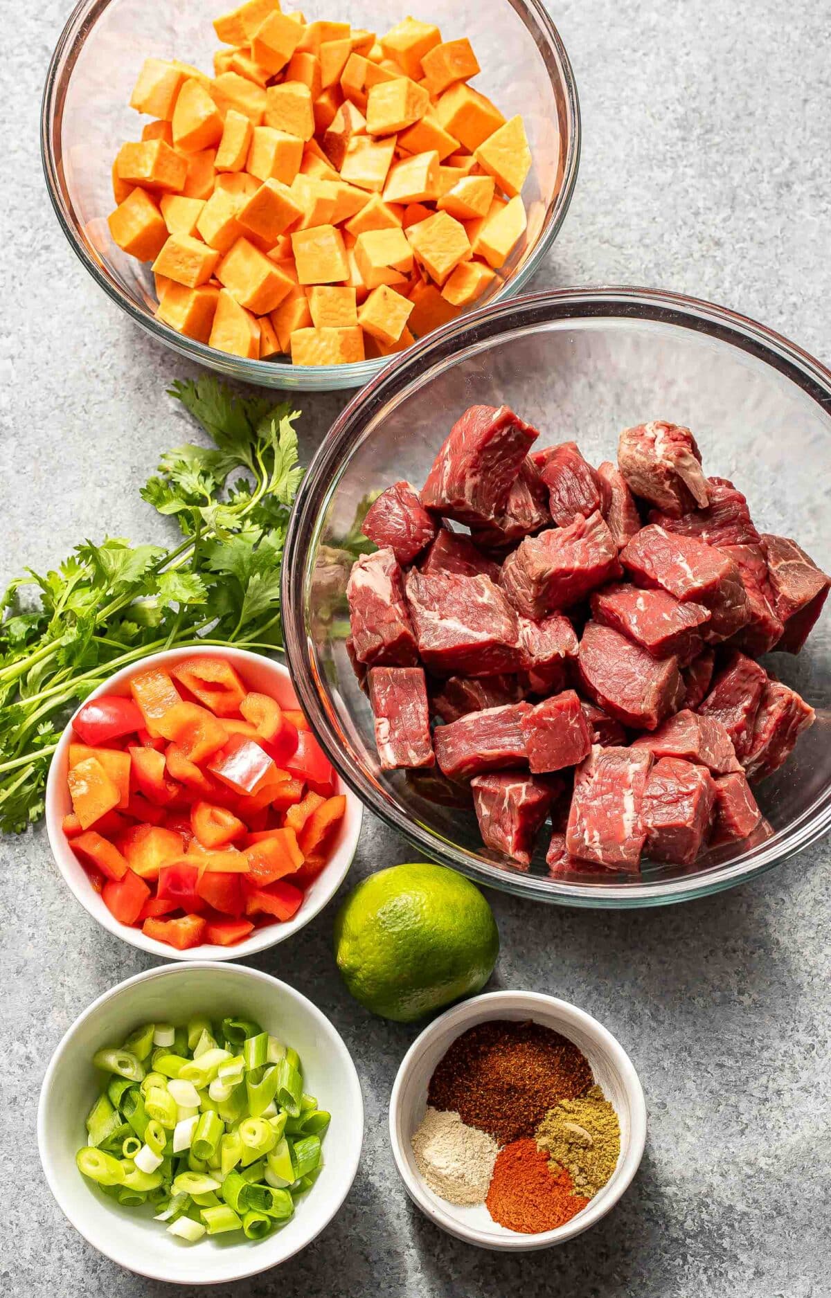 Ingredients used to make steak and sweet potato skillet.