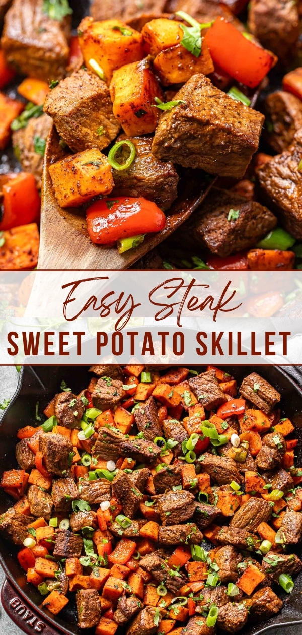 Steak and sweet potato skillet pinterest collage.