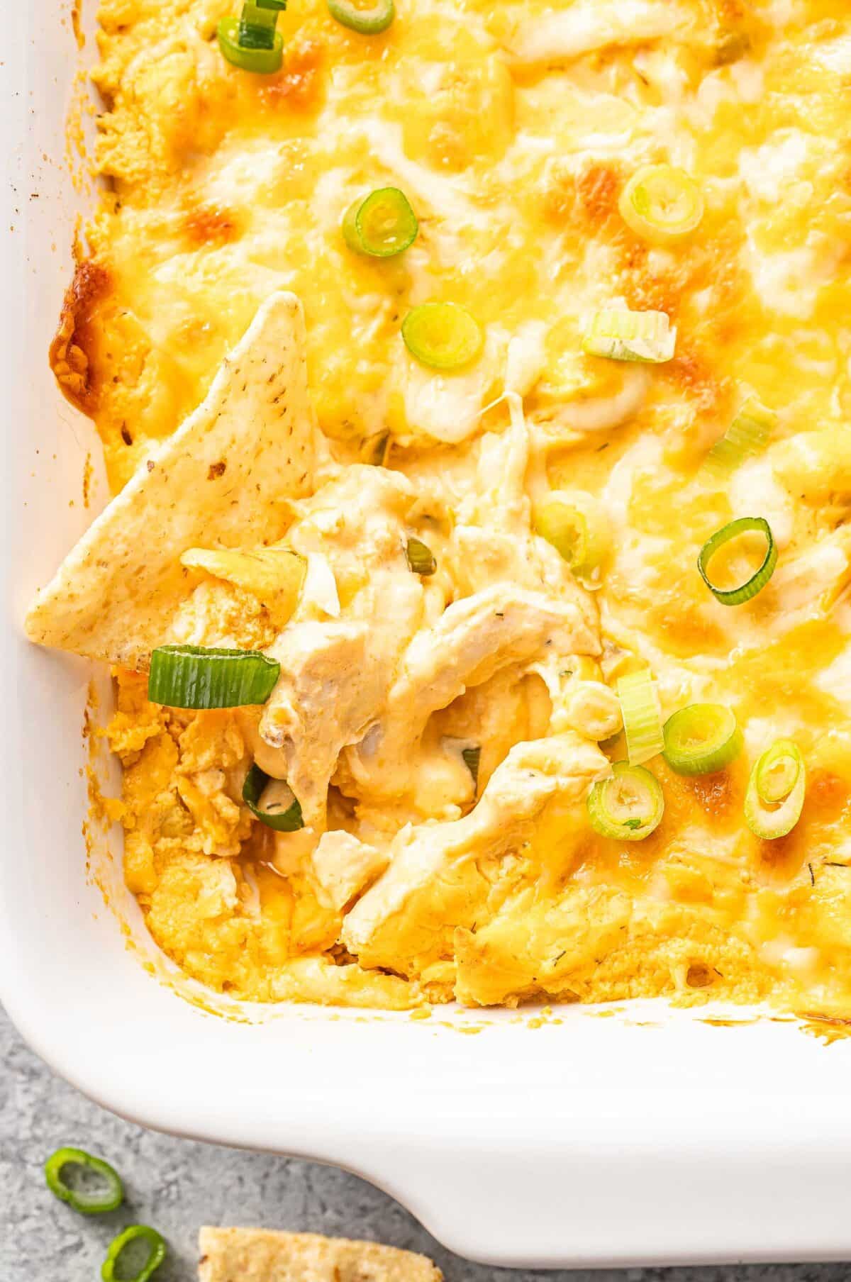 Buffalo chicken dip in a white casserole dish with a tortilla chip in the dip.