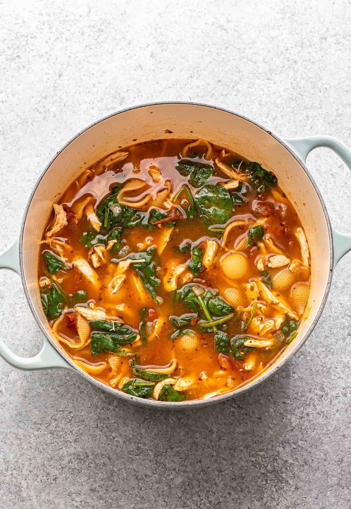 Chicken, pasta, spinach soup in a pot.
