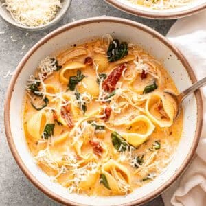 A white bowl with marry me chicken soup and a spoon in it. A bowl of parmesan cheese is behind the bowl.