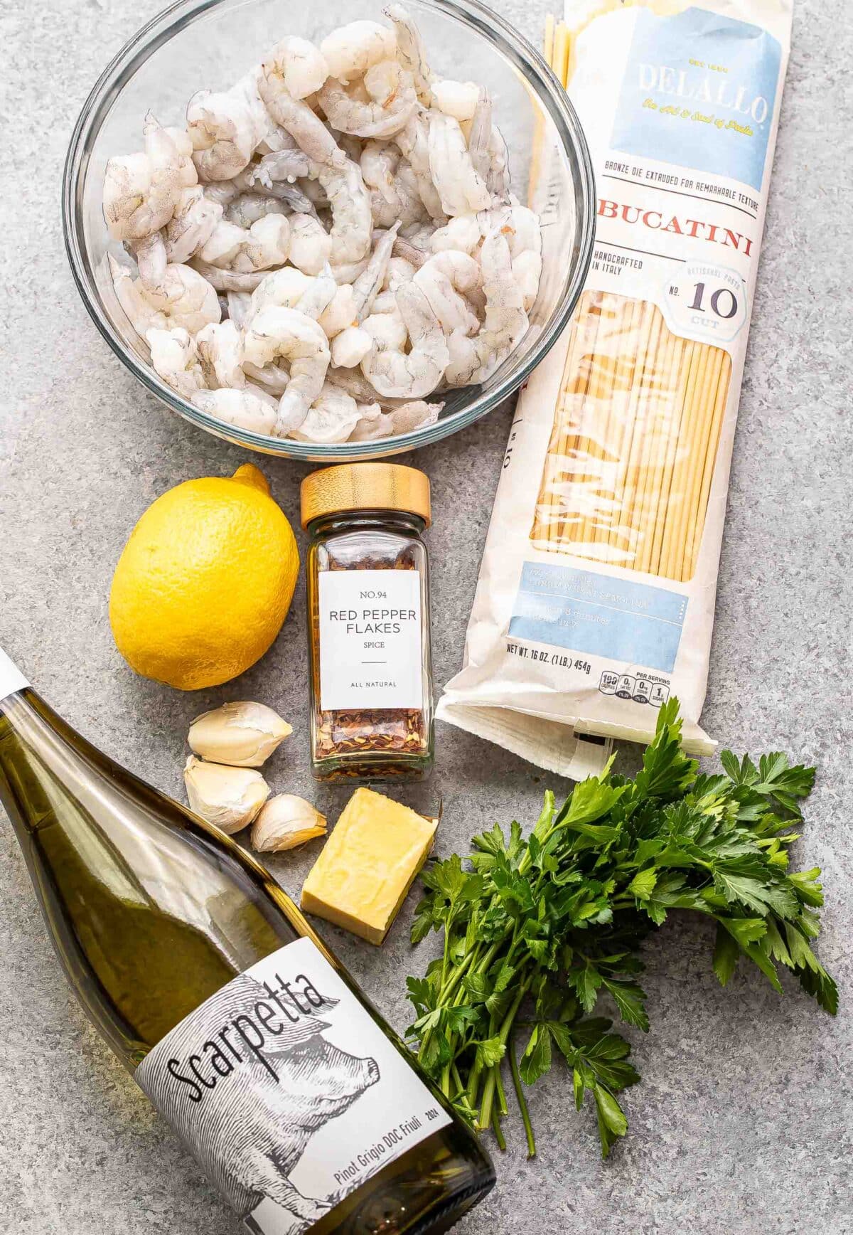 Ingredients used to make shrimp scampi.