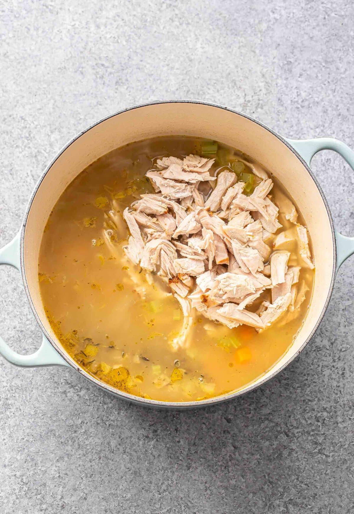 Turkey noodle soup in a pot before it's been cooked.
