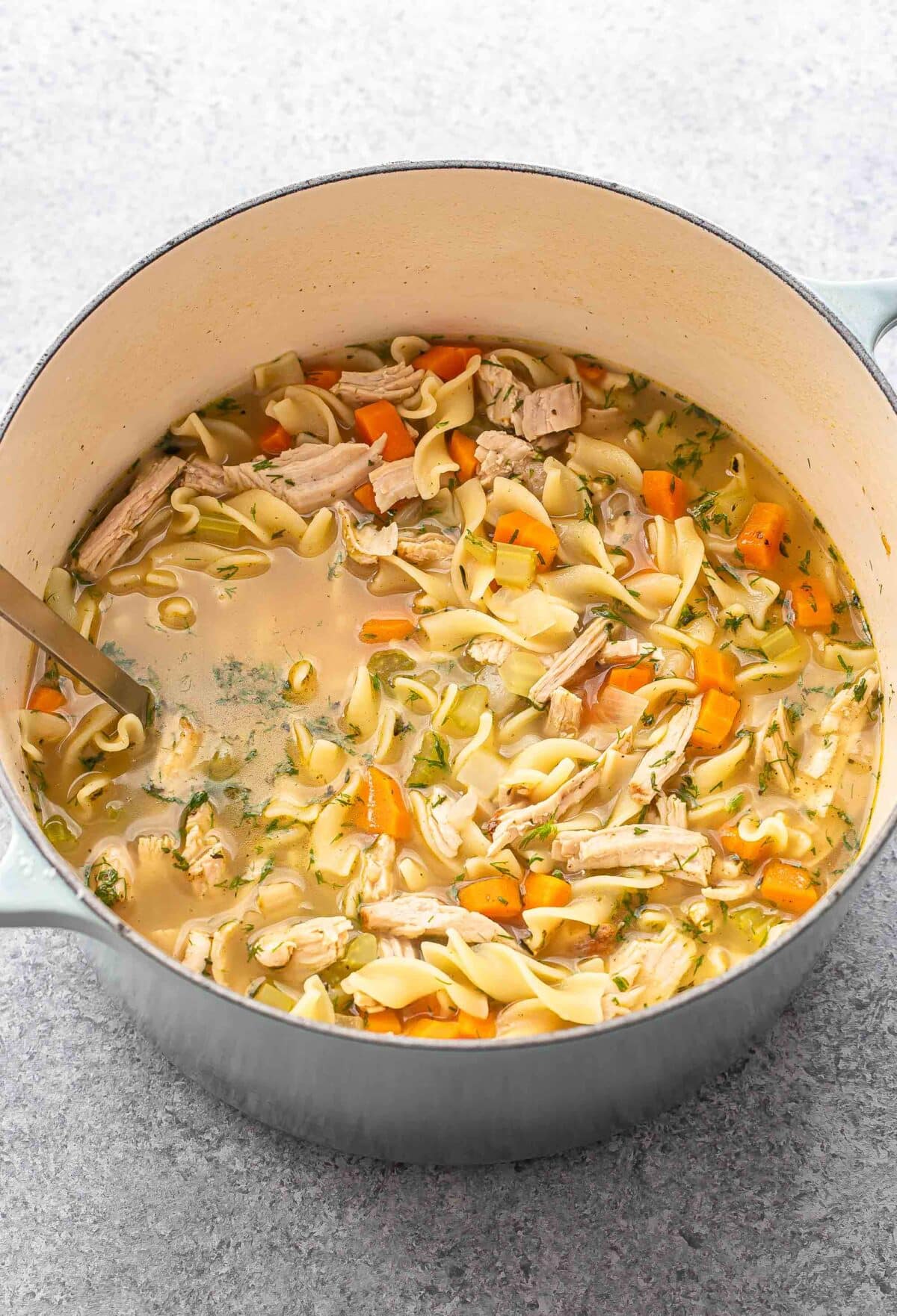 Turkey noodle soup in a pot with a ladle.