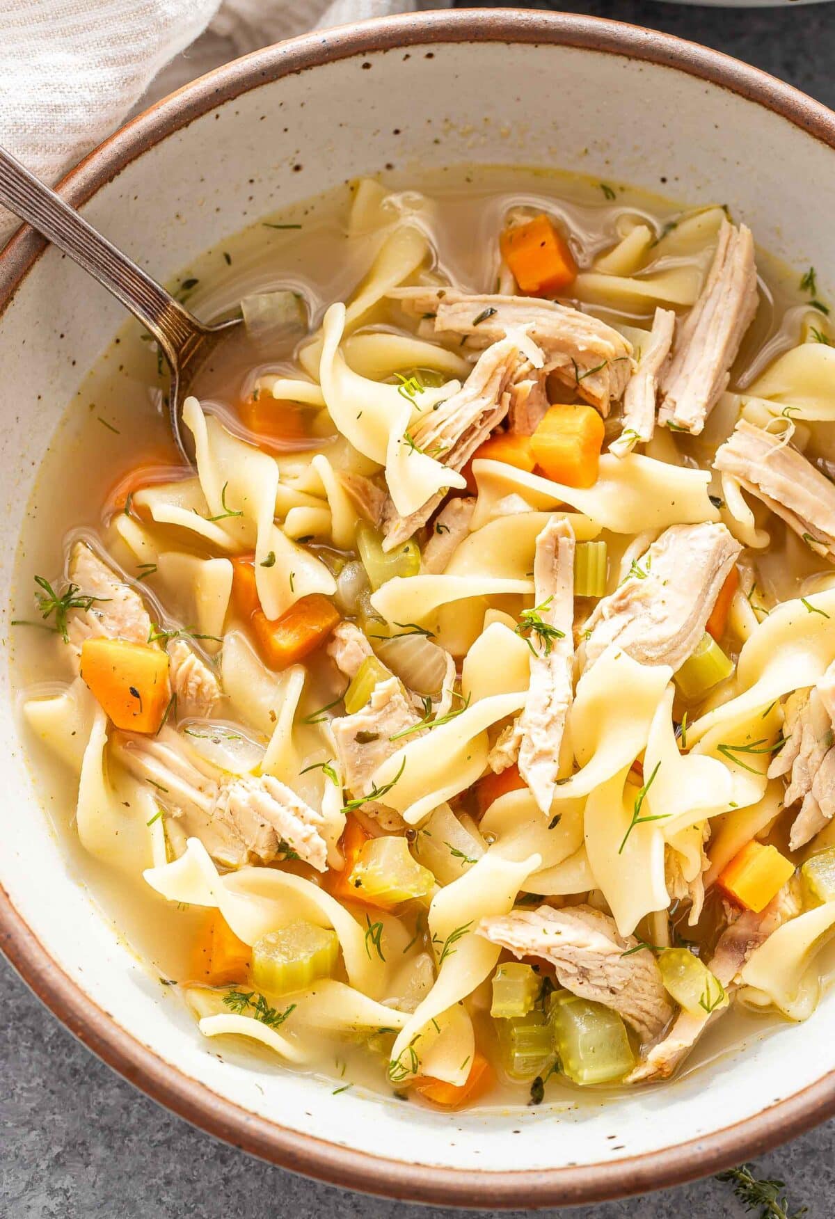 A white bowl with turkey noodle soup in it.