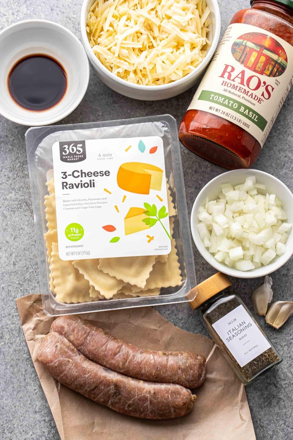 Ingredients used to make baked ravioli.