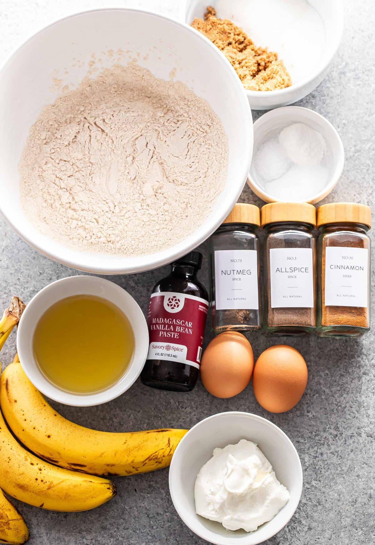 Ingredients used to make banana muffins.