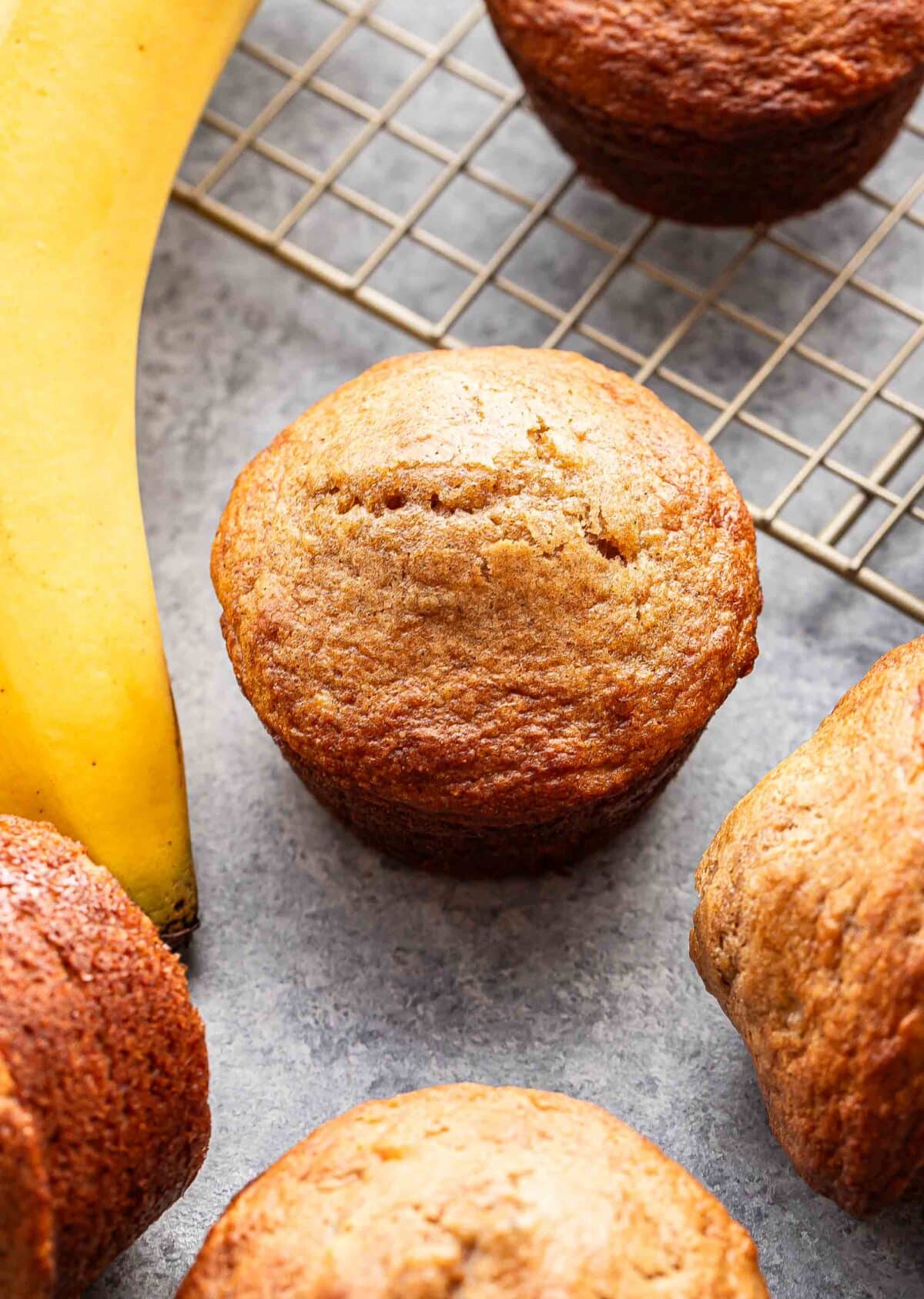 A banana muffin with a banana and three more muffins surrounding it.