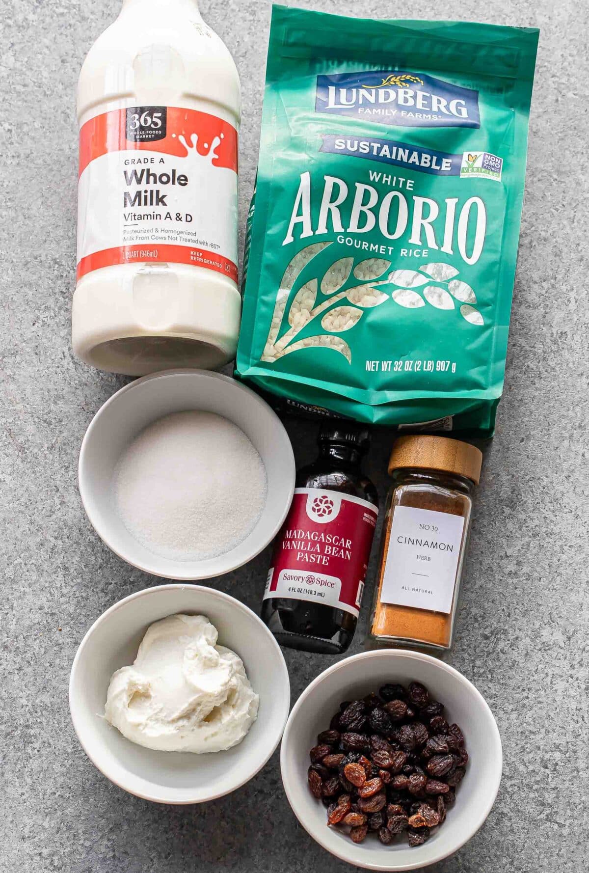 Ingredients used to make rice pudding.