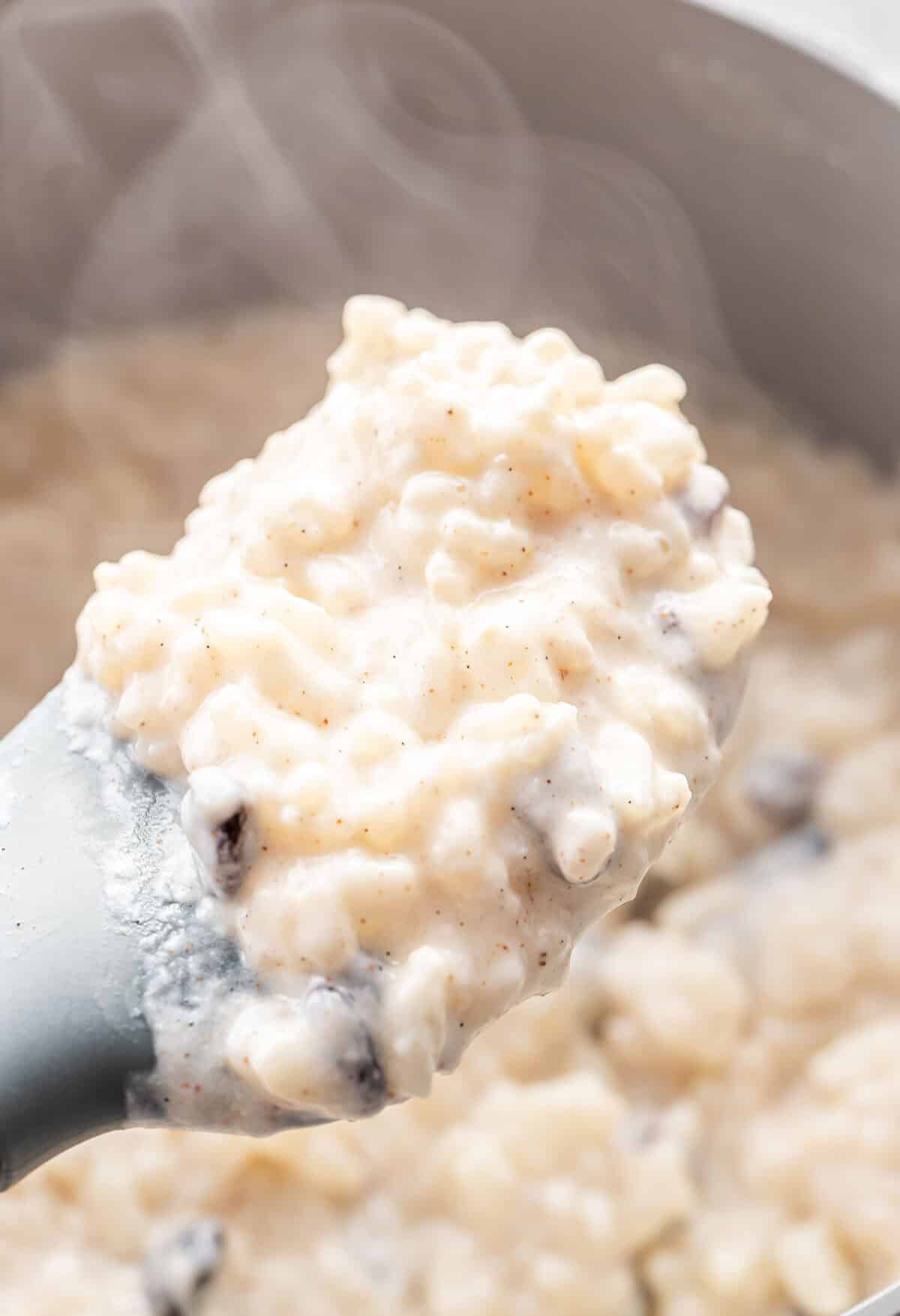 A spatula holding up steaming rice pudding.