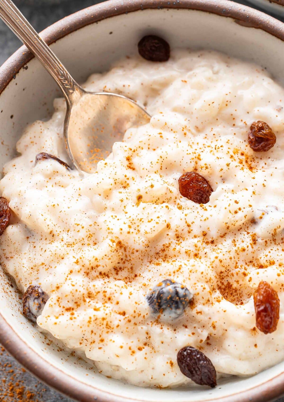 Rice pudding with raisins in a white bowl with a spoon.