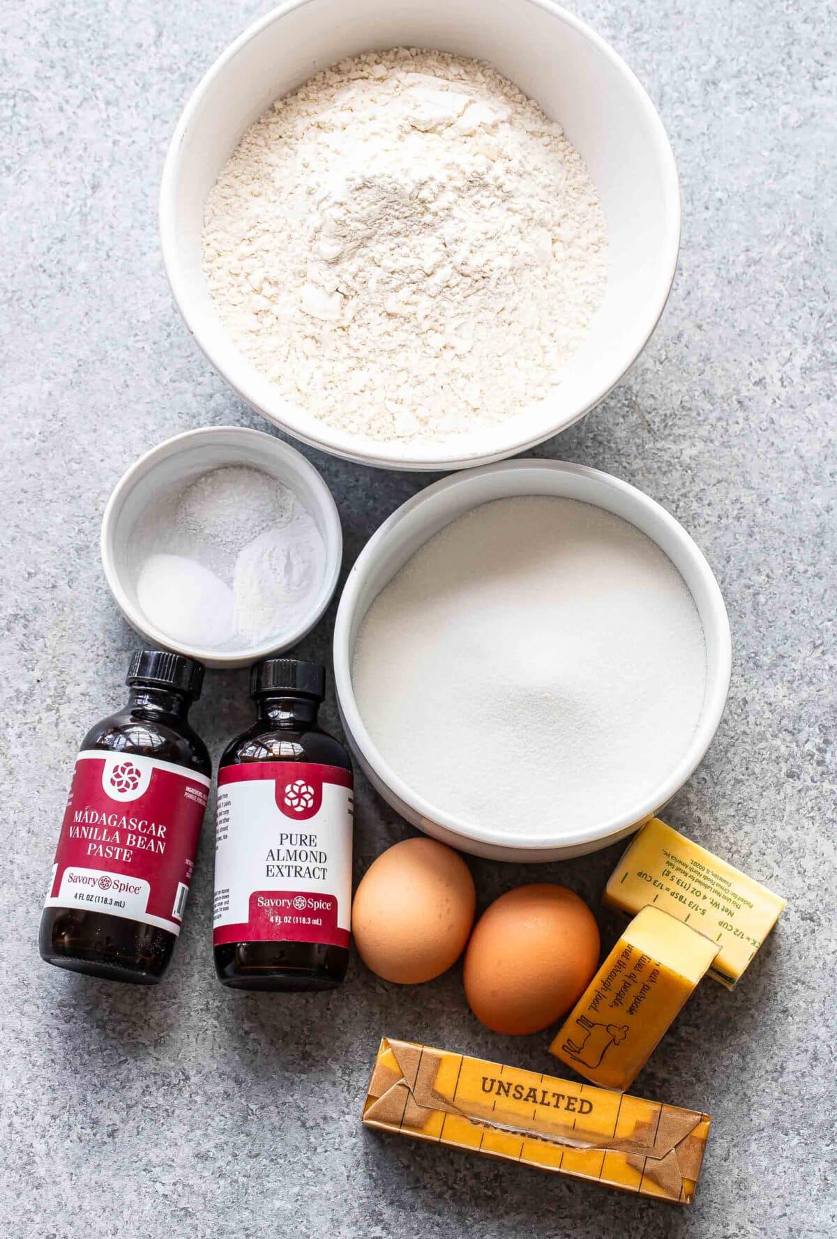 Ingredients used to make sugar cookies.